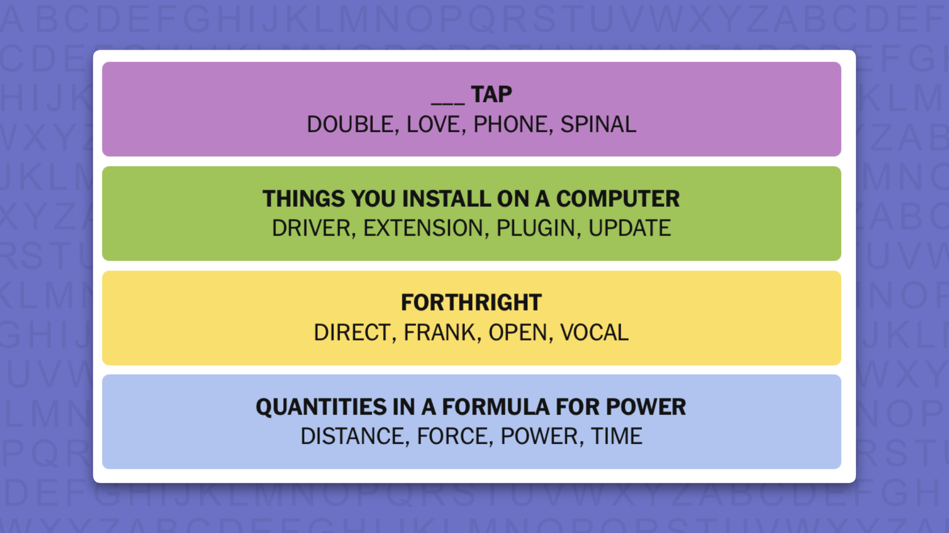NYT Connections answers for game 1230 on a purple background