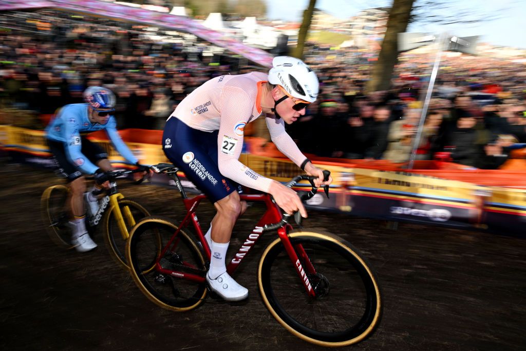 HOOGERHEIDE NETHERLANDS FEBRUARY 05 LR Wout Van Aert of Belgium and Mathieu Van Der Poel of The Netherlands compete during the 74th World Championships CycloCross 2023 Mens Elite CXWorldCup Hoogerheide2023 on February 05 2023 in Hoogerheide Netherlands Photo by David StockmanGetty Images