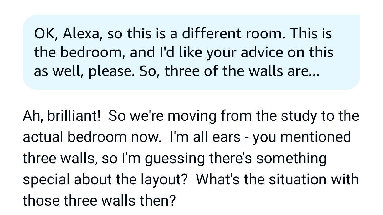 Conversation with Amazon Alexa+ showing the assistant misinterpreting a description of a room