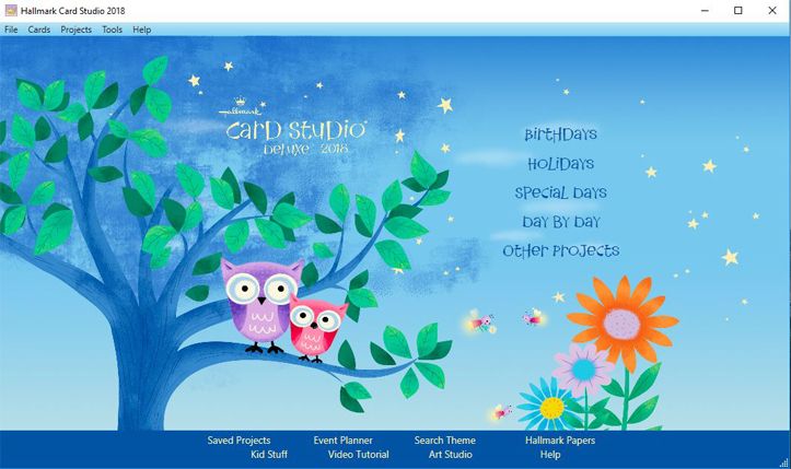 The new 2018 version of Hallmark Card Studio Deluxe has an animated menu to navigate to your projects.