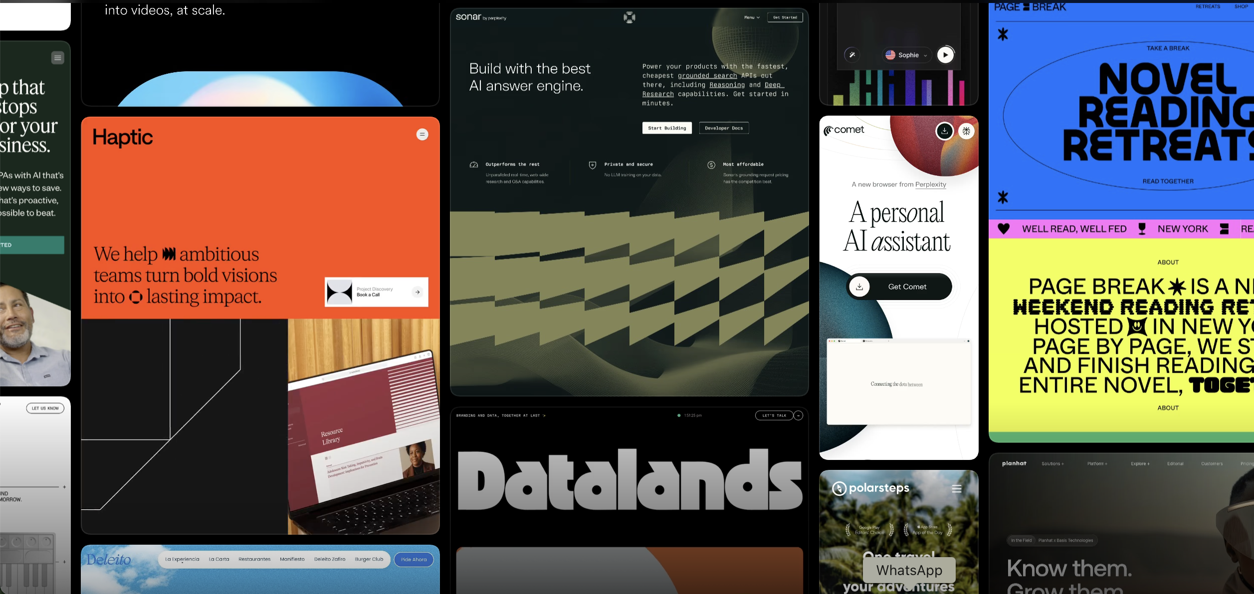 A vibrant grid of diverse website screenshots showcasing modern web design, featuring bold typography, high-contrast color blocks, and sleek interfaces for various tech and lifestyle brands.