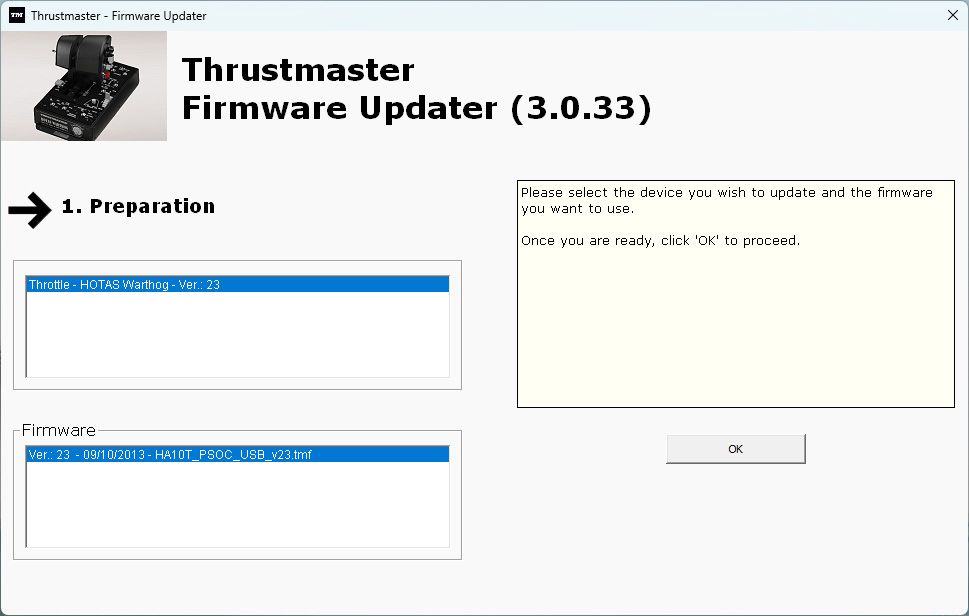 Thrustmaster HOTAS Warthog Mk II firmware updater app screenshot showing version 3.0.33