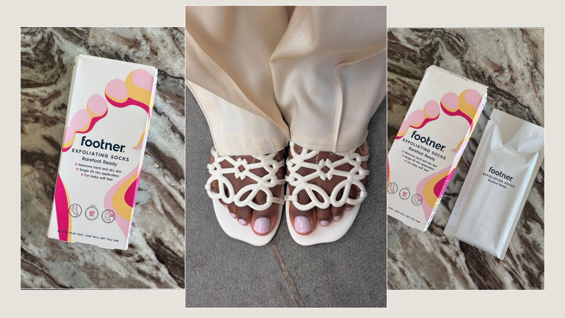 A collage featuring a pair of feet and photos of the Footner exfoliating foot socks