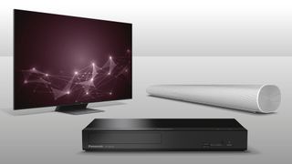 TCL 65C845K TV, Panasonic DP-UB150EB Blu-ray player and Sonos Arc soundbar on a grey background