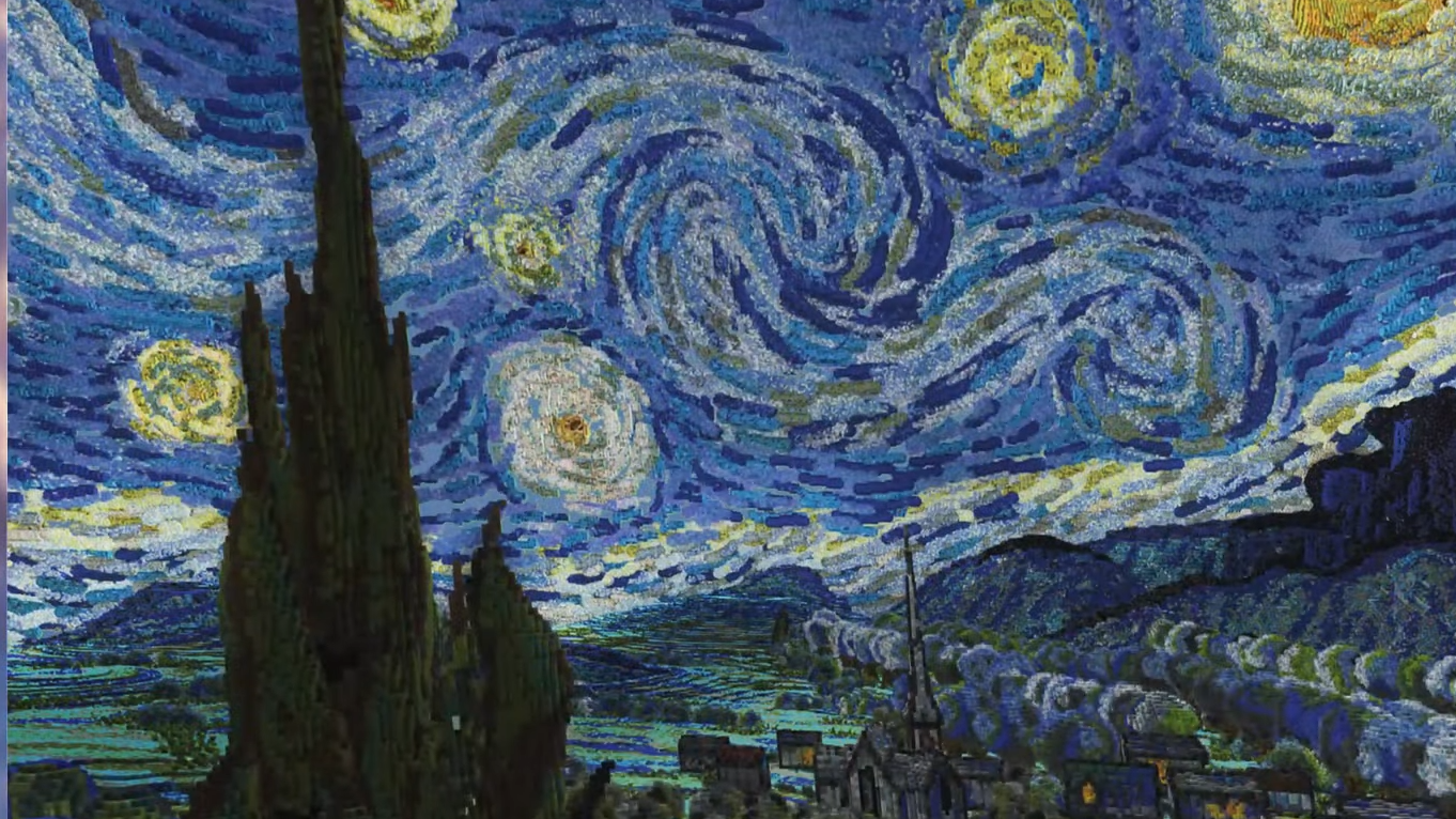 Van Gogh's Starry Night recreated in Minecraft.