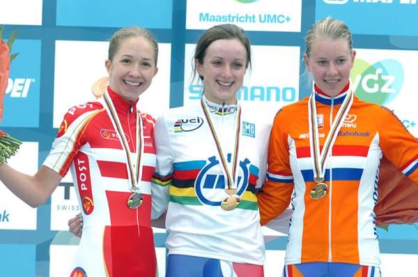 Junior women's time trial podium (L-R): Cecilie Uttrup Ludwig (Denmark), Elinor Barker (Great Britain) and Demi De Jong (Netherlands)