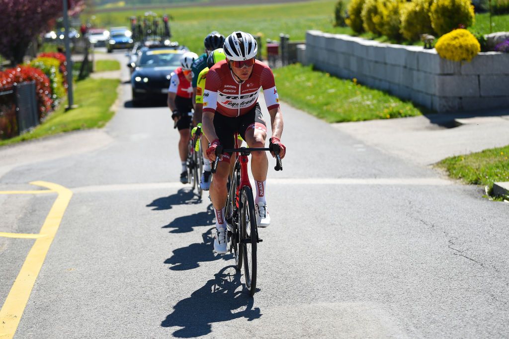 OULENSSOUSECHALLENS SWITZERLAND APRIL 28 Toms Skujins of Latvia and Team Trek Segafredo competes in the breakaway during the 75th Tour De Romandie 2022 Stage 2 a 1682km stage from challens to challens TDR2022 on April 28 2022 in OulenssousEchallens Switzerland Photo by Dario BelingheriGetty Images