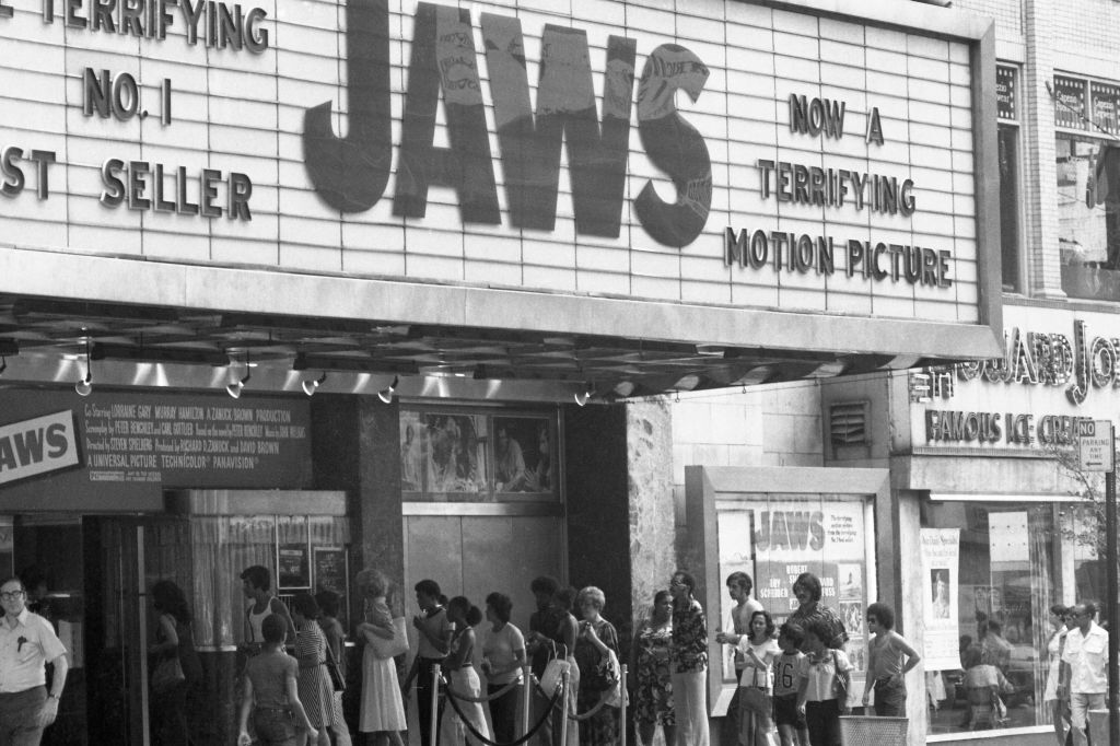 Crowds line up outside a movie house to see "Jaws" on August 10, 1975.