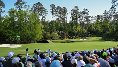 Rory McIlroy playing Augusta National on the famous 12th hole at The Masters