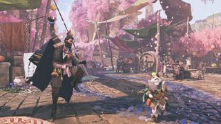 A hunter and palico toss cherry blossoms in the air in Monster Hunter Wilds.