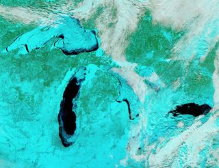 A false color image of the frigid Great Lakes on Feb. 19, 2014.