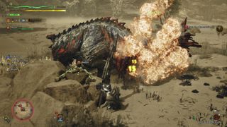 Monster Hunter Wilds - A Hunter using their Gunlance to deal fire damage to an enemy.