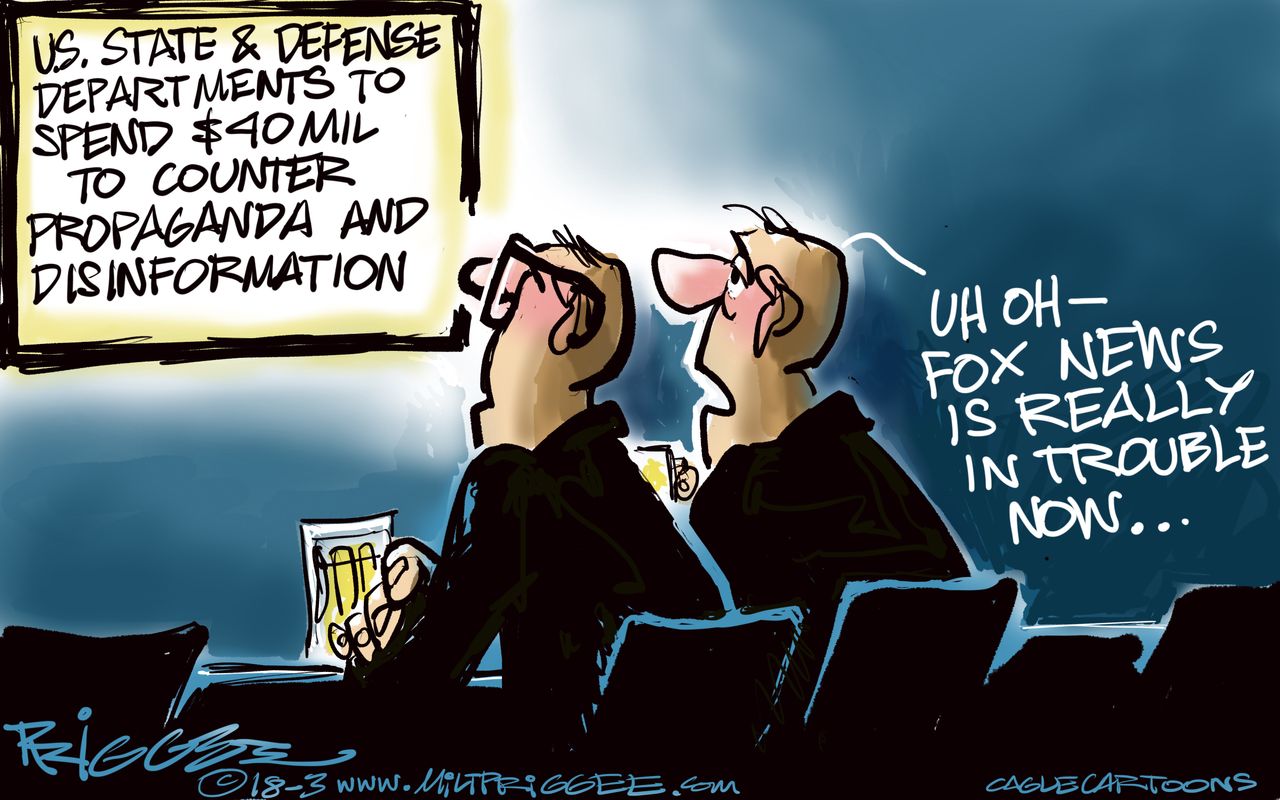 Political cartoon U.S. defense spending propaganda Fox News