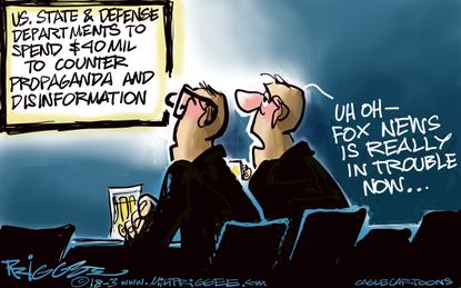 Political cartoon U.S. defense spending propaganda Fox News