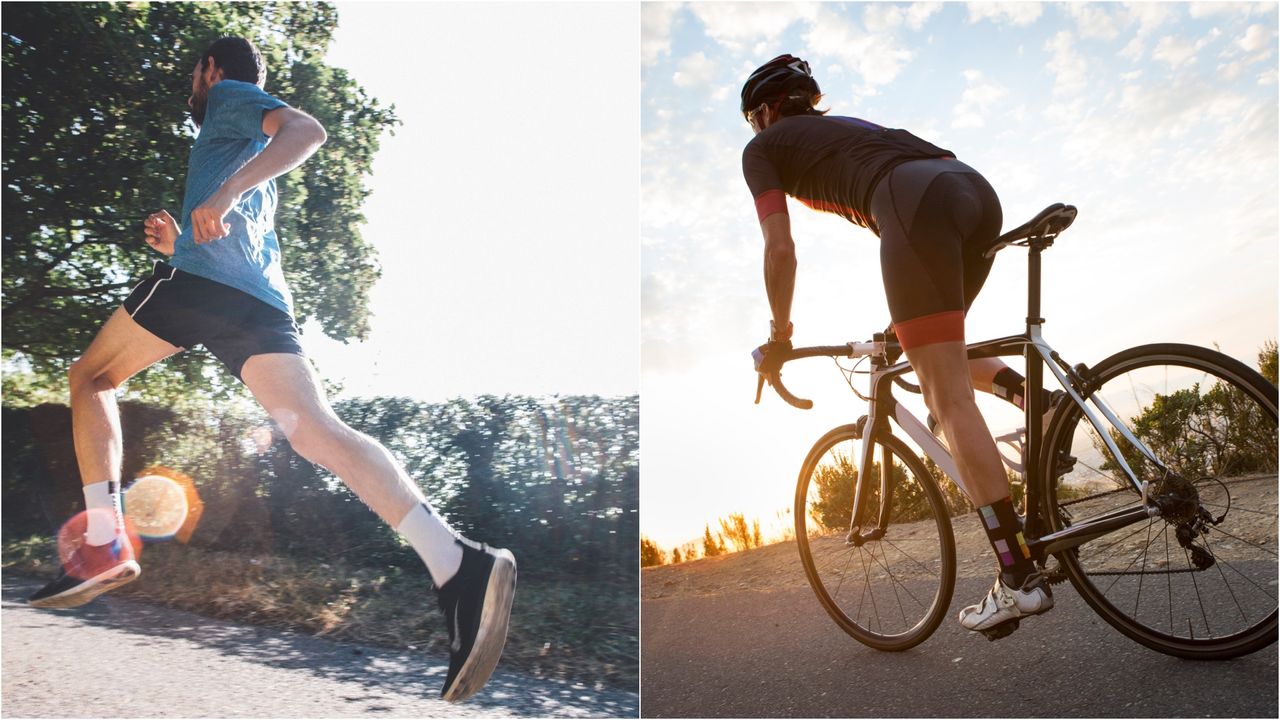 Photo of a person running and another person cycling