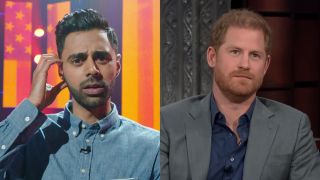 Hasan Minhaj posing for his Netflix stand-up special and Prince Harry during an interview with Stephen Colbert on The Late Show