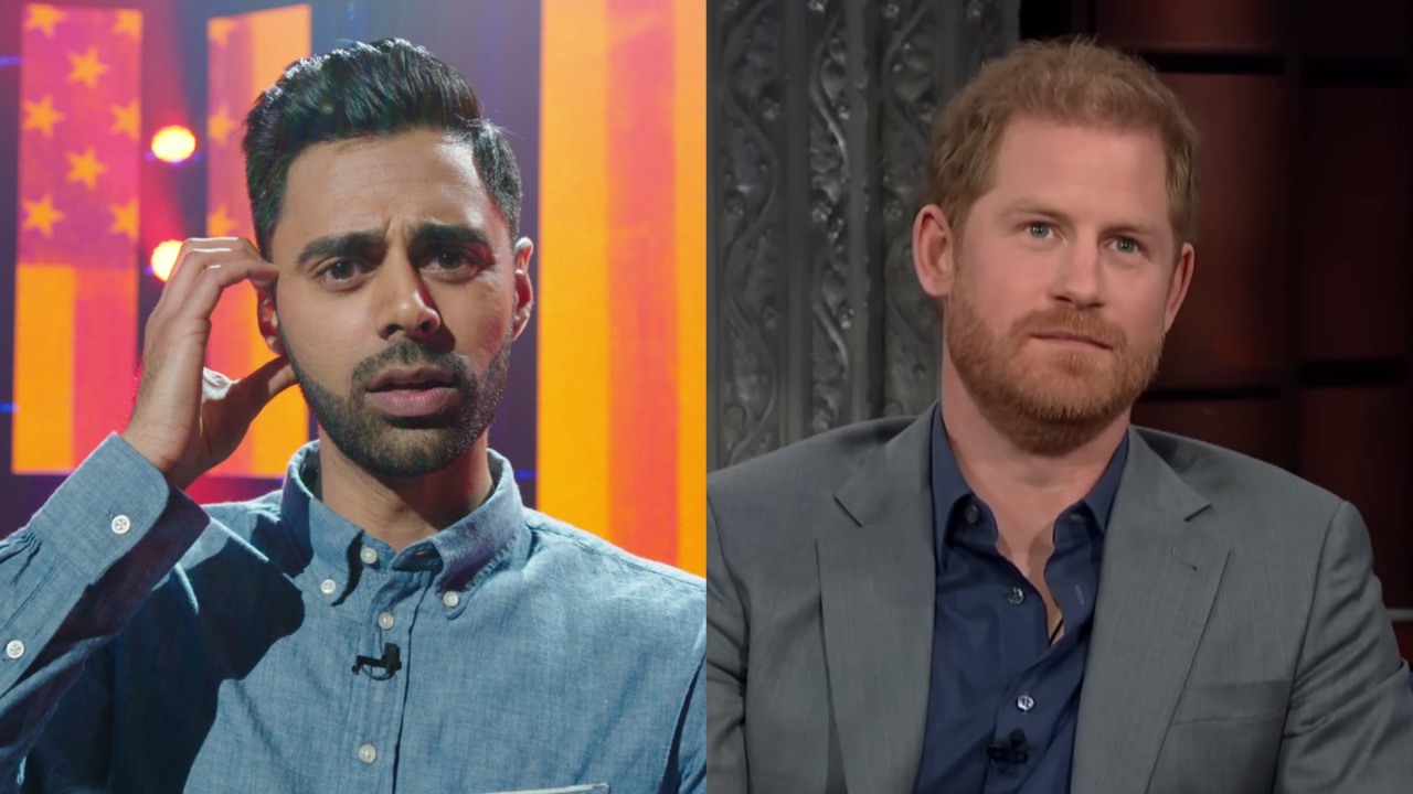 Hasan Minhaj posing for his Netflix stand-up special and Prince Harry during an interview with Stephen Colbert on The Late Show
