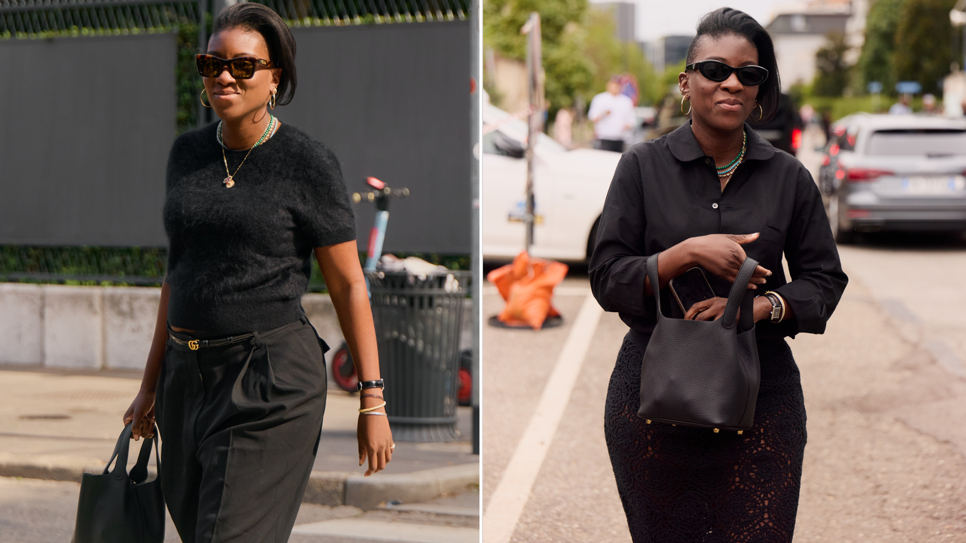 split image of Nikki Ogunnaike wearing all black outfits
