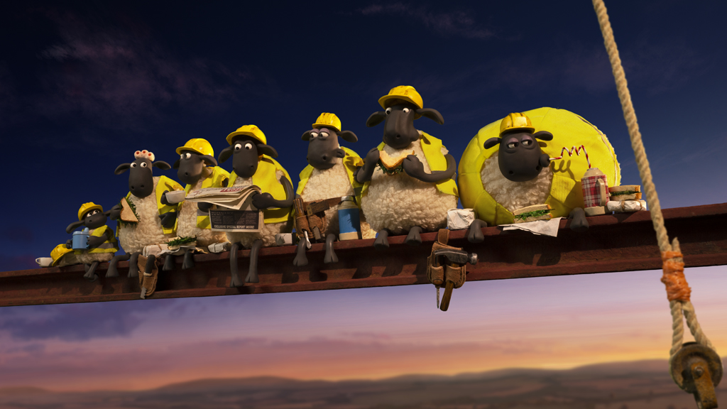A group of animated sheep eating lunch together