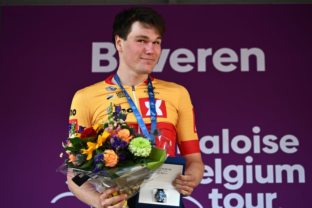 BEVEREN BELGIUM JUNE 16 S&oslash;ren Wrenskjold of Norway and UnoX Pro Cycling Team celebrates at podium as stage winner during the 92nd Baloise Belgium Tour 2023 Stage 3 a 152km individual time trial stage from Beveren to Beveren on June 16 2023 in Beveren Belgium Photo by Mark Van HeckeGetty Images
