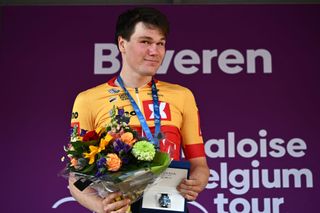 BEVEREN BELGIUM JUNE 16 Søren Wrenskjold of Norway and UnoX Pro Cycling Team celebrates at podium as stage winner during the 92nd Baloise Belgium Tour 2023 Stage 3 a 152km individual time trial stage from Beveren to Beveren on June 16 2023 in Beveren Belgium Photo by Mark Van HeckeGetty Images