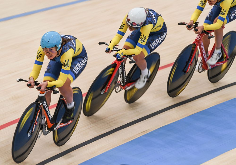 Ukraine's cyclists compete in the women's team sprint during the Tissot UCI Track Cycling World Cup