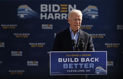Democratic presidential nominee Joe Biden speaks before the launch of a train campaign tour at Cleveland Amtrak Station September 30, 2020 in Cleveland, Ohio.