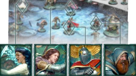 Warhammer Quest: Darkwater heroes pictured in squares linked to a blurry product shot