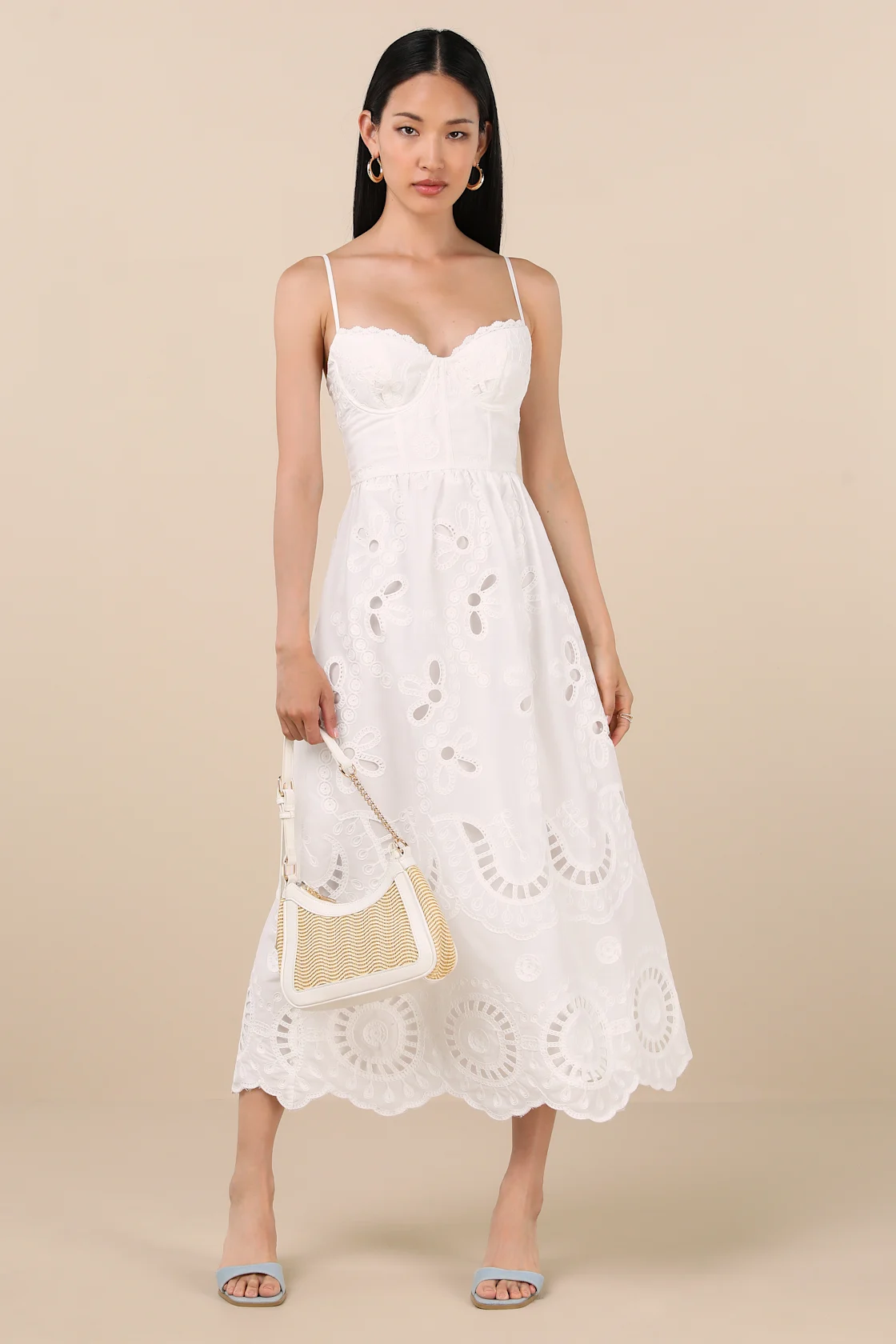 Lulus, Jenora White Embroidered Bustier Midi Dress