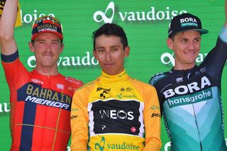 Egan Bernal (Team Ineos) won the 2019 Tour de Suisse ahead of Rohan Dennis (Bahrain-Merida) and Bora-Hansgrohe's Patrick Konrad