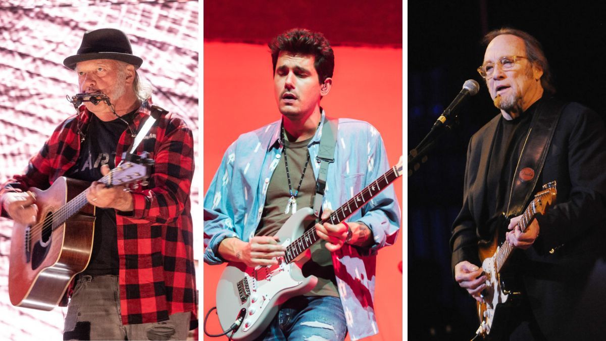 Center – John Mayer performs on stage at The O2 Arena on October 13, 2019 in London, England; Right - Stephen Stills performs onstage at the Saban Theatre on September 1, 2017 in Beverly Hills, California; Left- Neil Young performs at Farm Aid 2024 at Saratoga Performing Arts Center on September 21, 2024 in Saratoga Springs, New York