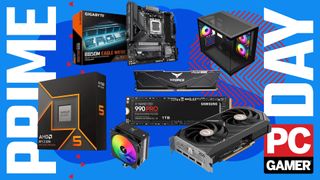 A collage of PC components against a stylized blue background with Prime Day and a PC Gamer logo on the sides