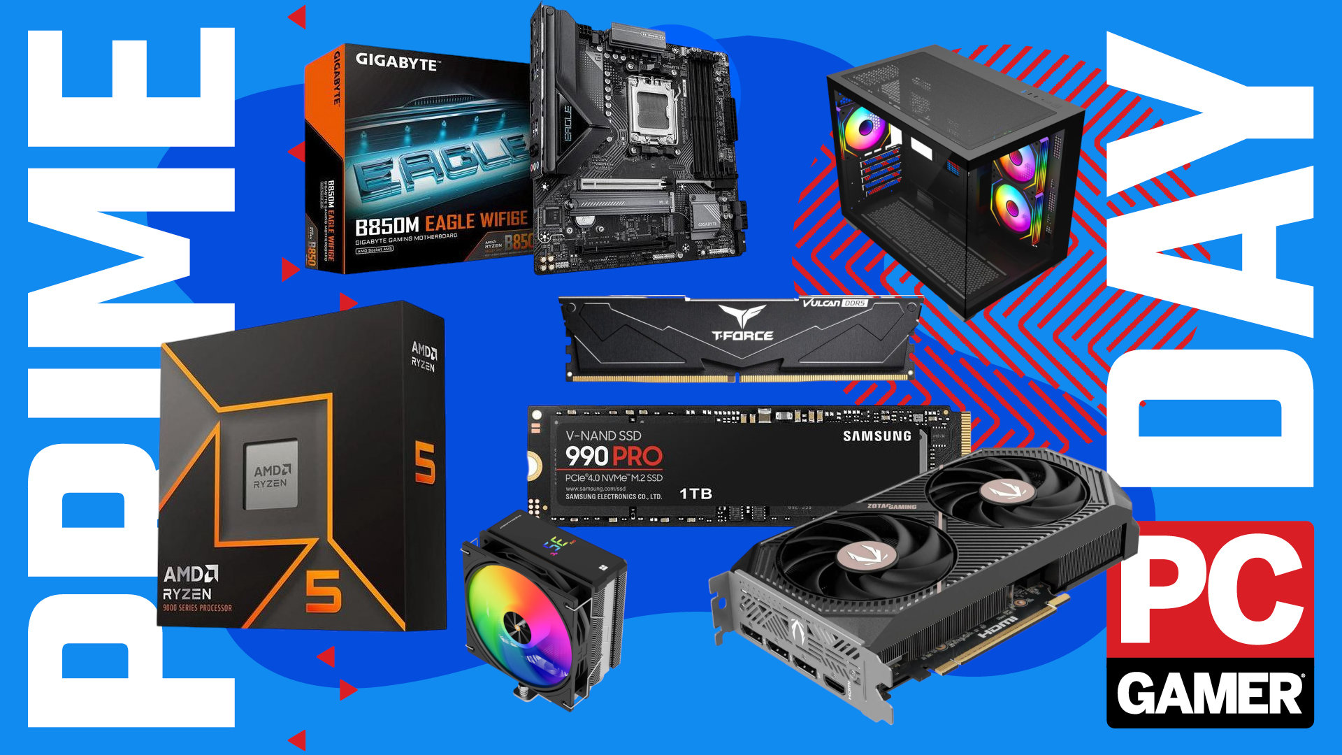 A collage of PC components against a stylized blue background with Prime Day and a PC Gamer logo on the sides
