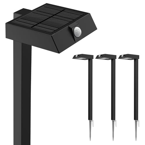 Xmcosy+ Solar Pathway Lights, 4 Pack All-Metal Motion Sensor Outdoor Lights Waterproof, 300lm Bright Garden Light for Yard, Backyard, Driveway, Walkway, 3 Lighting Modes (warm/cool White)