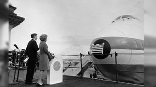 First lady Pat Nixon ushered in the era of jumbo jets by christening the first commercial 747 in 1970.