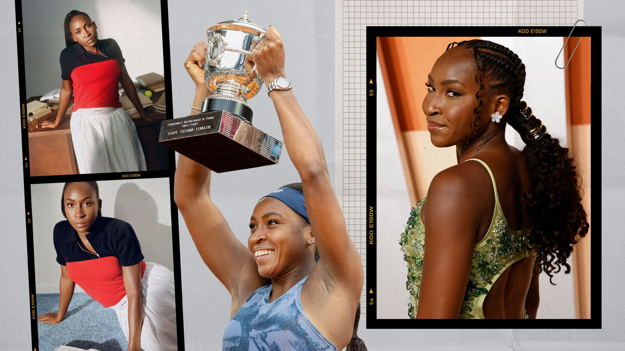 Photo collage of Coco Gauff winning the 2025 French Open, at the 2025 Vanity Fair Oscar Party, and for Miu Miu Beauty's Miutine campaign 
