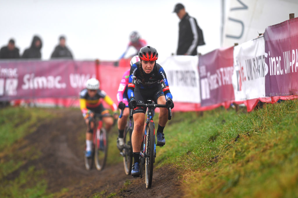 RUCPHEN NETHERLANDS DECEMBER 18 Shirin Van Anrooij of The Netherlands and Team Baloise Trek Lions competes during the 9th Rucphen UCI CycloCross Worldcup 2021 Womens Elite CXWorldCup UCIcyclocrossWC on December 18 2021 in Rucphen Netherlands Photo by Luc ClaessenGetty Images