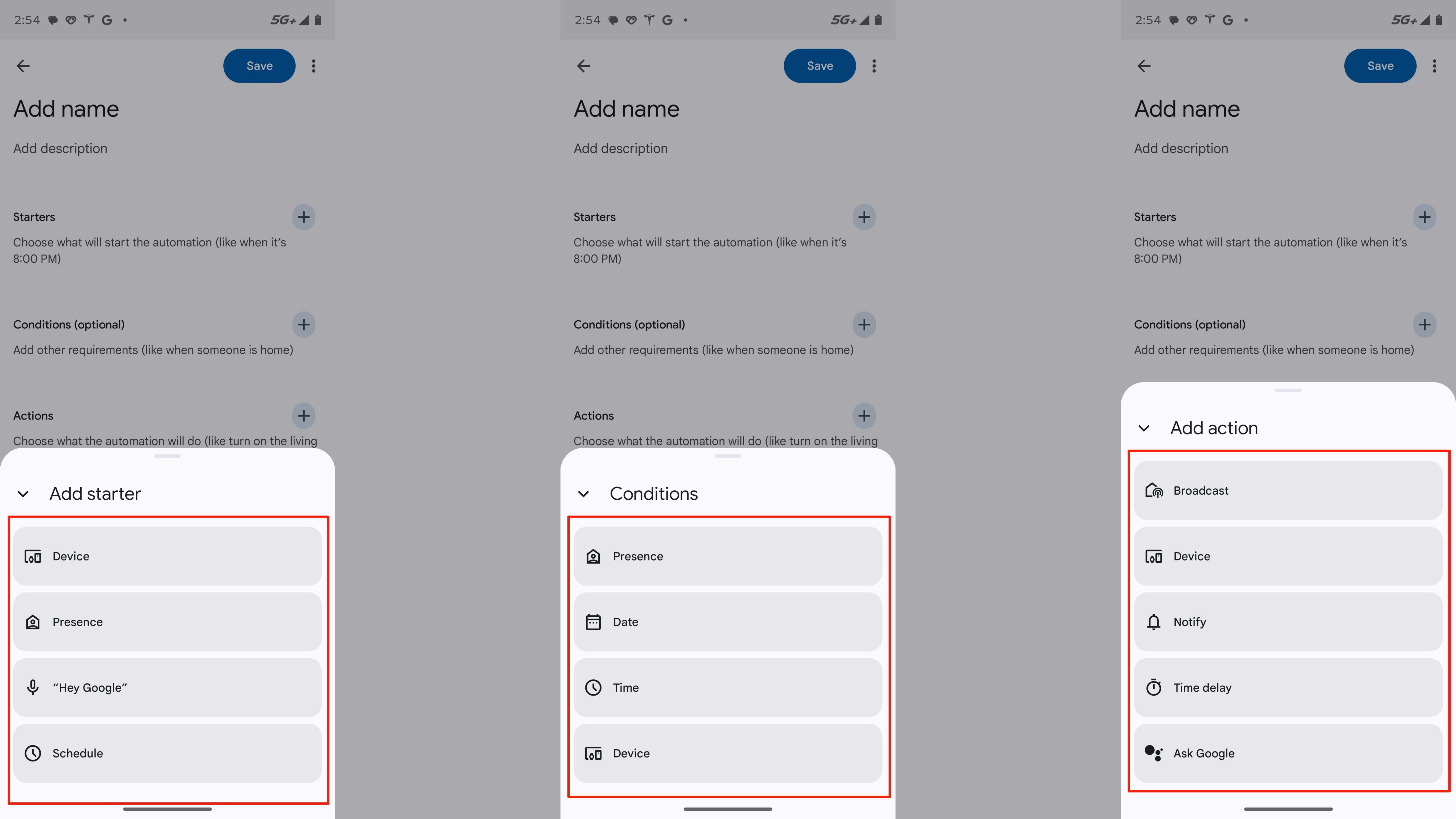 The steps for creating automations in the Google Home app.