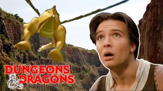 A shot of a man looking shocked at a bad VFX dragon with the Dungeons and Dragons logo in the corner