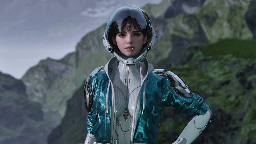 The First Descendant character Valby, a young woman with dark hair wearing what looks like a futuristic space suit, looks into the camera with one hand on her hip.