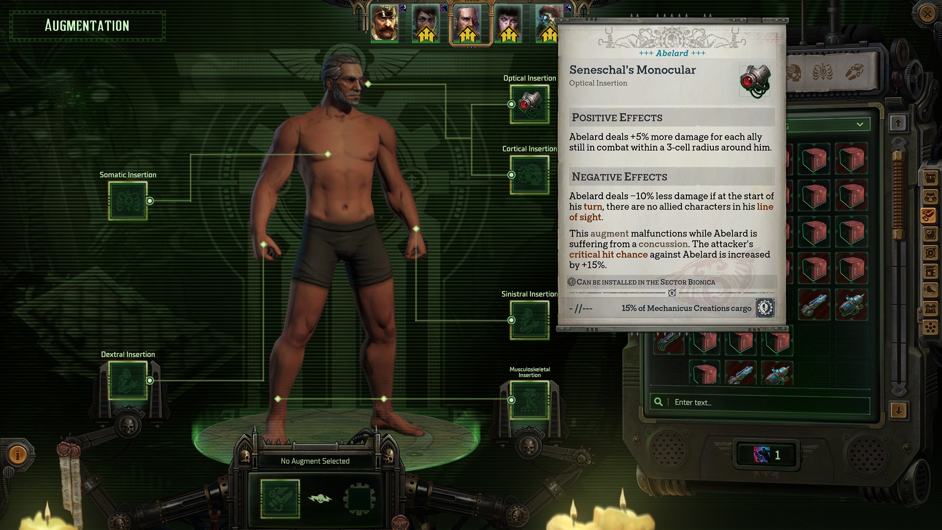 In-game screenshot of Warhammer 40,000: Rogue Trader's Augmentation system, showing a man being fitted with a cybernetic eye that offers positive and negative traits.