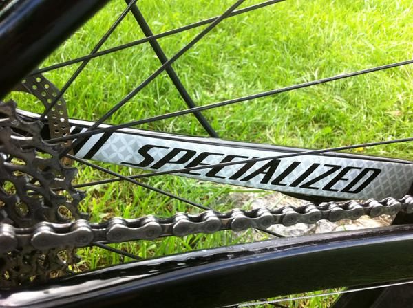 These Specialized graphics are eyecatching but the drive side decal will be covered up by a chainstay protector on production bikes