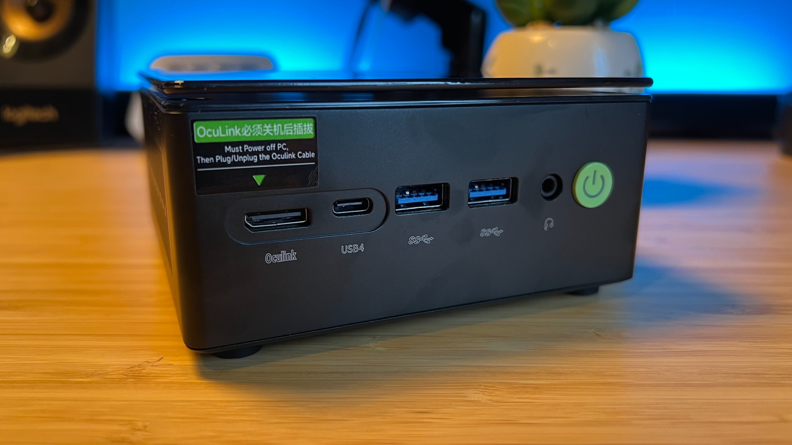 Close up on front ports on GMKTec K8 Plus mini PC
