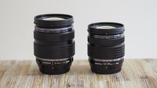 The Olympus 12-45mm f/4 Pro (right) is like the 12-40mm f/2.8 Pro (left) got shrunk in the wash!