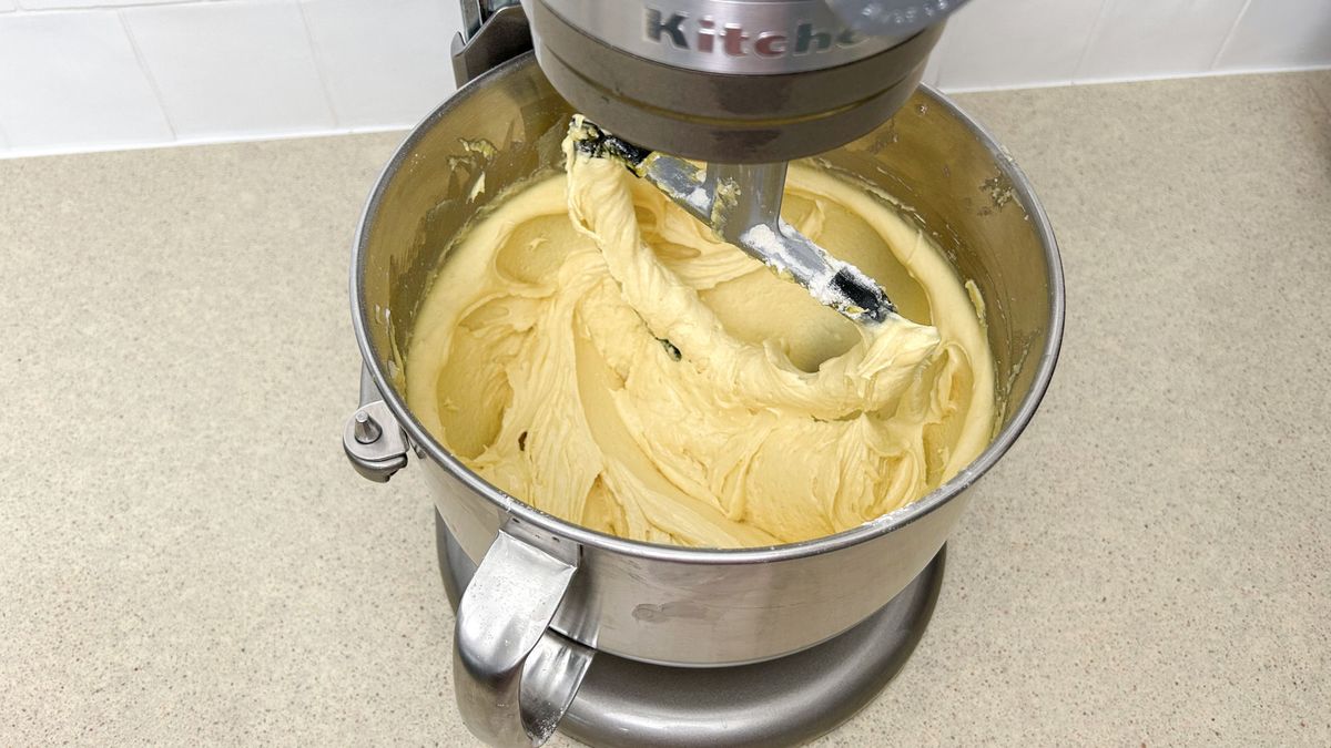 Cake mix in the KitchenAid 7-Quart Stand Mixer