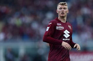 Perr Schuurs of Torino Fc looks on during the Serie A match between Torino FC and FC Internazionale at Stadio Olimpico di Torino on June 3, 2023 in Turin, Italy.