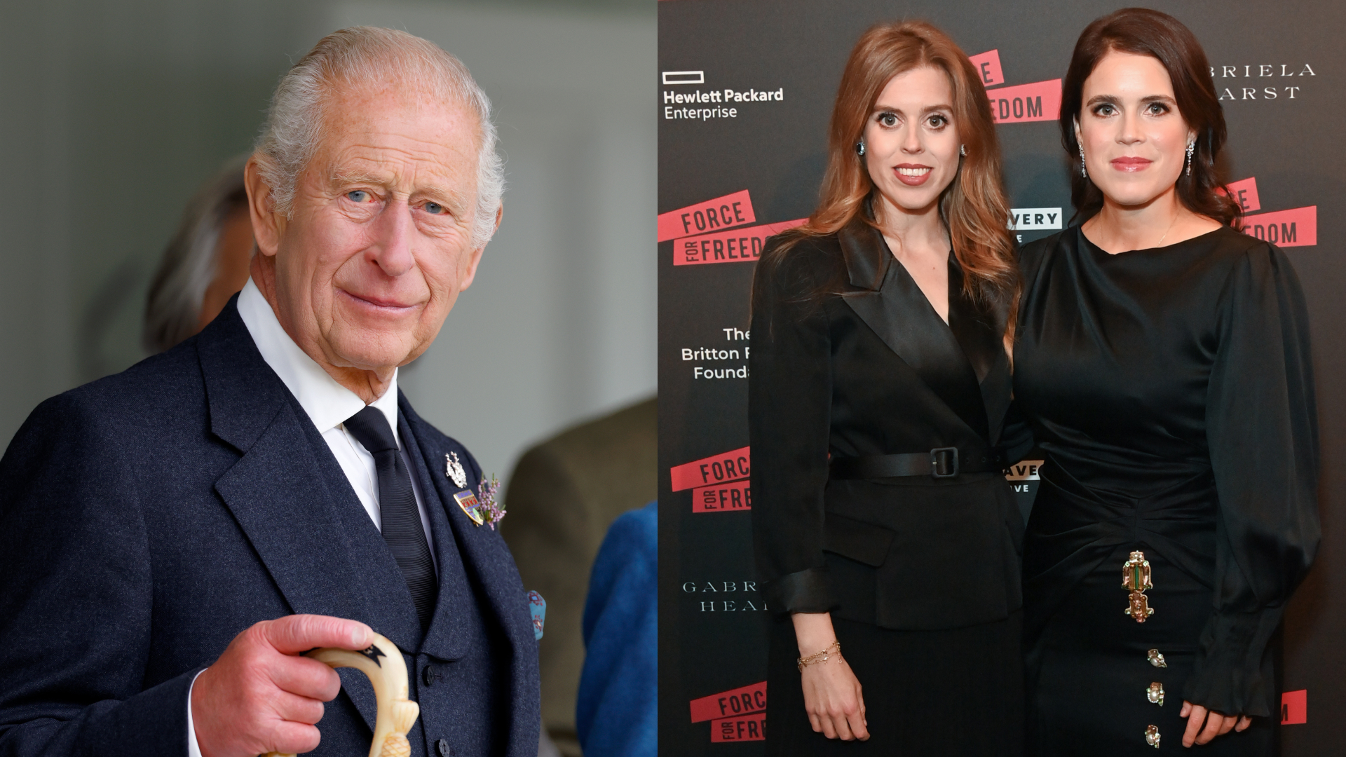 King Charles wearing a blue suit holding a walking stick; Princess Beatrice and Princess Eugenie wearing black dresses on a red carpet