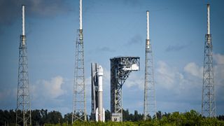 A United Launch Alliance Atlas V rocket, topped with the Boeing Starliner spacecraft, rolls out to its launch pad at Cape Canaveral Space Force Station on May 4, 2024.