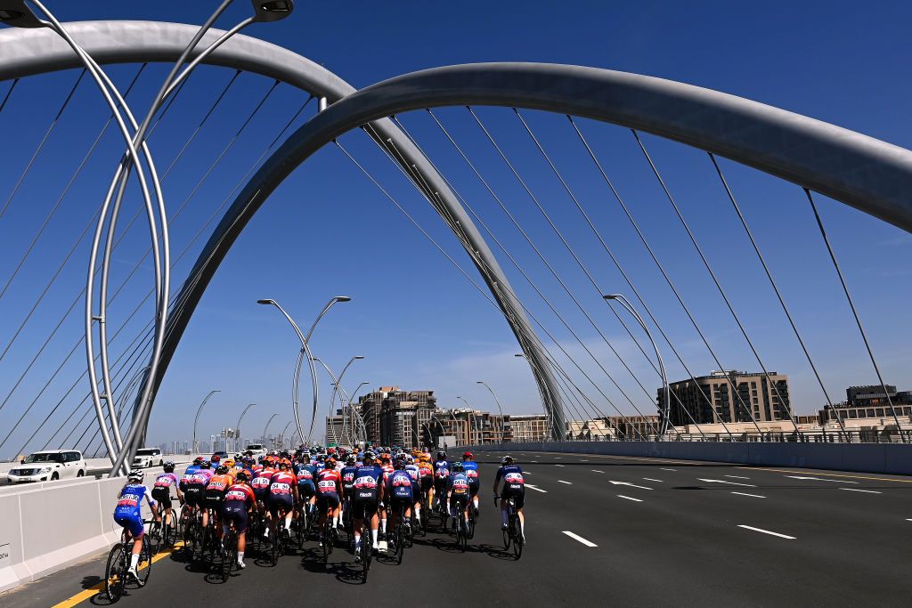 DUBAI UNITED ARAB EMIRATES FEBRUARY 09 A general view of the peloton competing during the 1st UAE Tour Women 2023 Stage 1 a 109km stage from Port Rashid to Dubai Harbour UAETourWomen on February 09 2023 in Dubai United Arab Emirates Photo by Tim de WaeleGetty Images