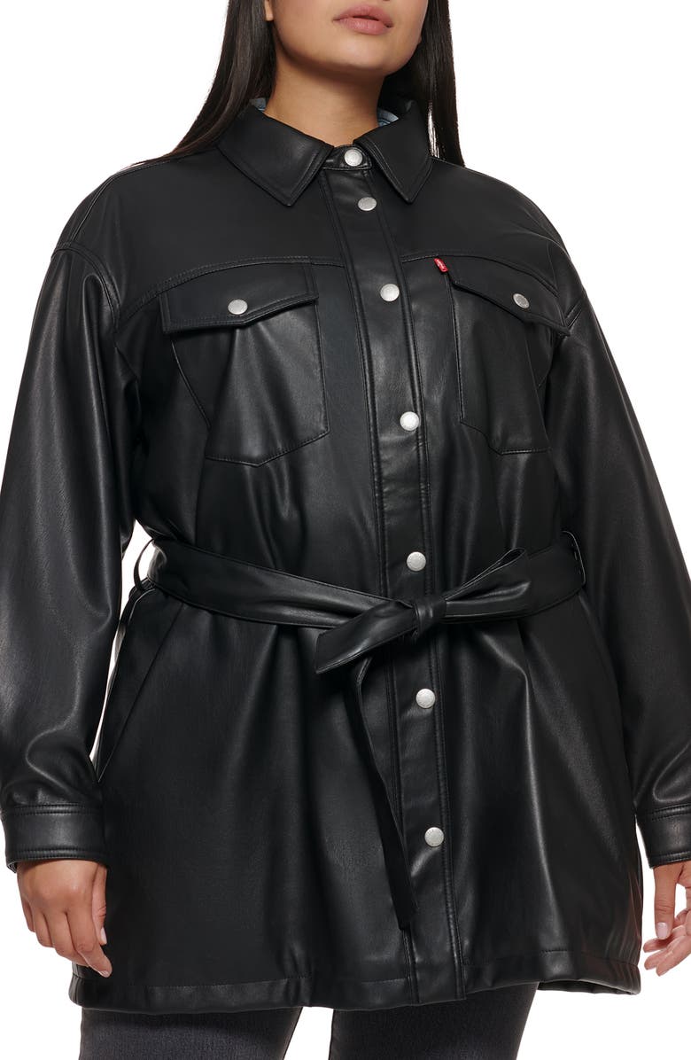 Belted Water Resistant Faux Leather Shacket